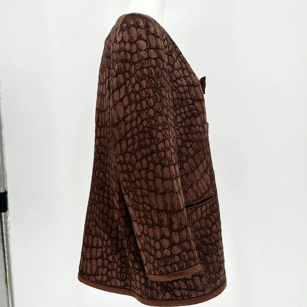 Vintage Louis Feraud Womens 14 Brown Crocodile Print Wool Silk Blazer Jacket